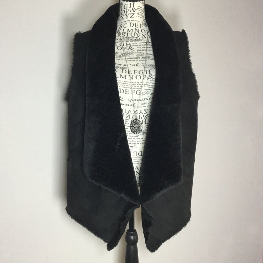 Faux suede black fleece vest jacket large cozy collar very soft lagenlook M/L